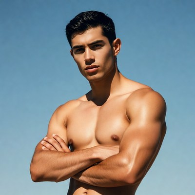 Muscular Latino man arms crossed shirtless