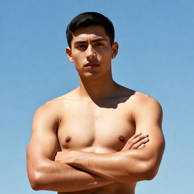 Shirtless Latino man arms crossed