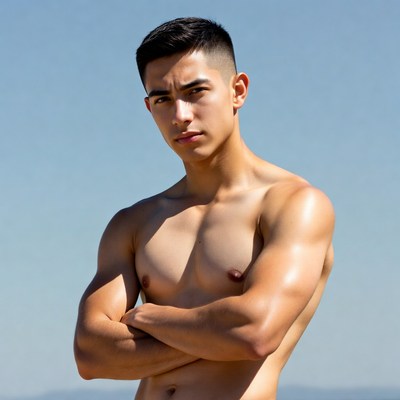Muscular Latino man arms crossed shirtless