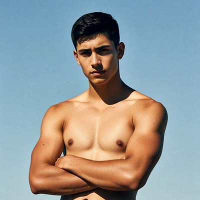 Shirtless Latino man arms crossed