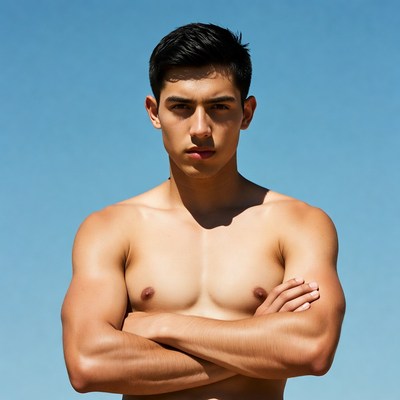 Muscular young man arms crossed blue background