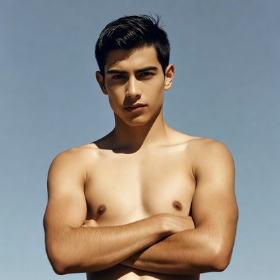 Shirtless young man arms crossed