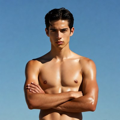 Shirtless Latino man arms crossed