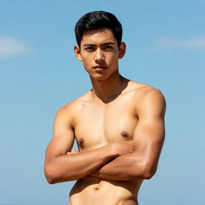 Shirtless Asian man arms crossed
