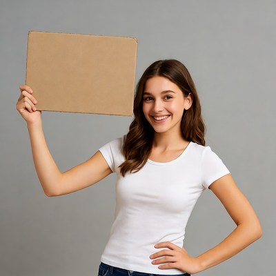 Smiling woman holding blank cardboard sign