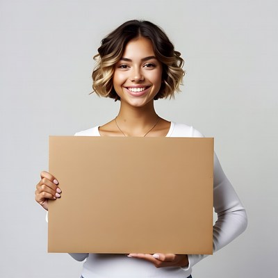 Smiling woman holding blank cardboard sign