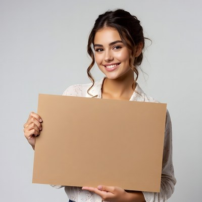 Smiling woman holding blank cardboard sign