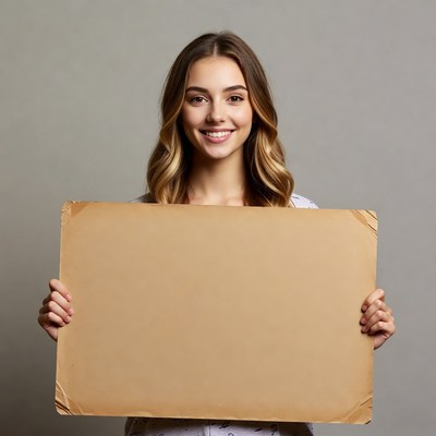 Smiling woman holding blank sign