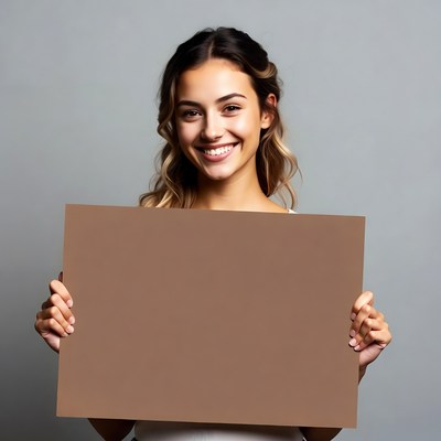 Smiling woman holding blank sign