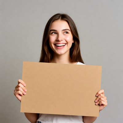 Smiling woman holding blank cardboard