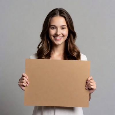 Smiling woman holding blank sign