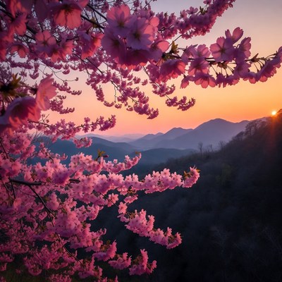 Pink Cherry Blossoms at Sunset Mountains