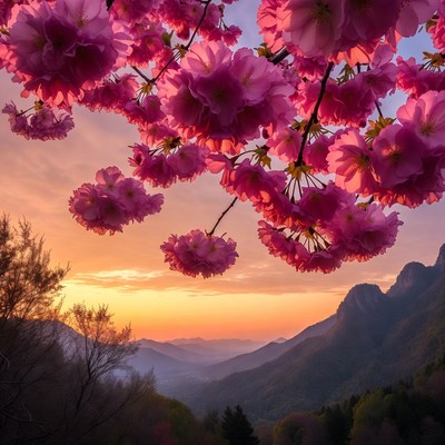 Pink Cherry Blossoms Over Mountains