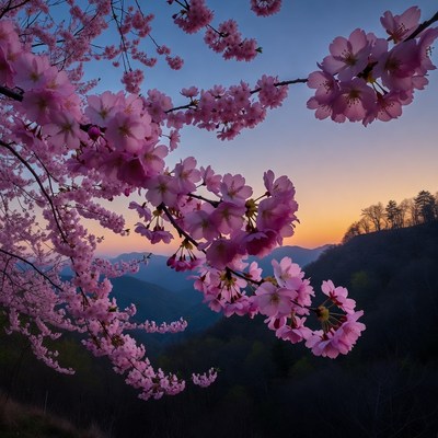 Cherry Blossoms Over Mountains at Sunset