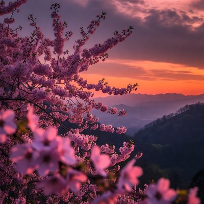 Pink Cherry Blossoms Over Sunset Mountains