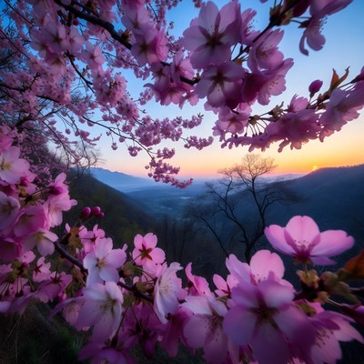 Cherry Blossoms at Sunset Over Mountains