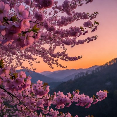 Pink Cherry Blossoms Over Mountains