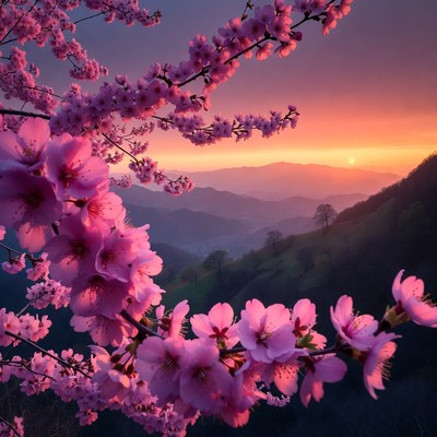 Pink Cherry Blossoms at Sunset Mountains