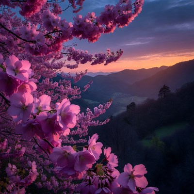 Cherry Blossoms Over Mountain Sunset