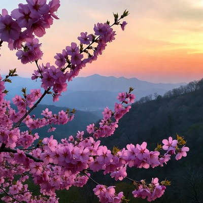 Pink Cherry Blossoms Over Sunset Mountains