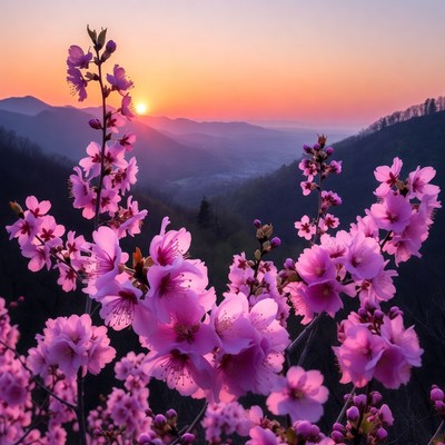 Pink Cherry Blossoms Sunset Mountains