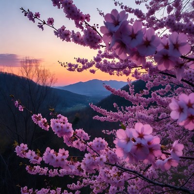 Pink Cherry Blossoms Over Sunset Mountains