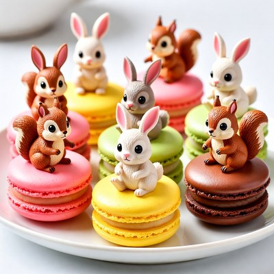 Cute Bunny Squirrel Macarons on Plate