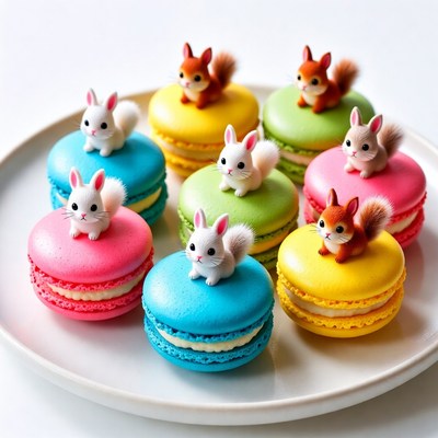 Cute Bunny Squirrel Macarons on Plate