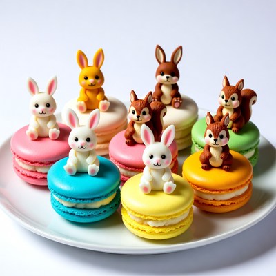 Cute Bunny Squirrel Macarons on Plate