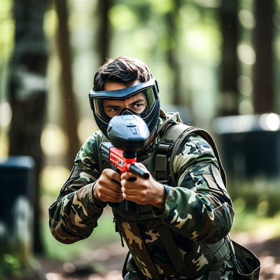 Man aiming paintball gun in forest