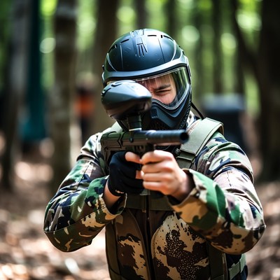 Man aiming paintball gun in forest