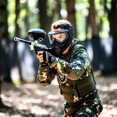 Man aiming paintball gun in forest