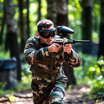 Man playing paintball in forest
