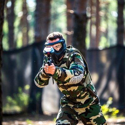Man aiming paintball gun in forest