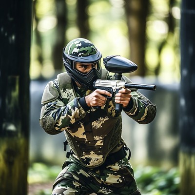 Man aiming paintball gun in forest
