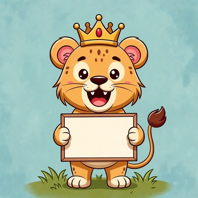 Cartoon lion cub holding blank sign