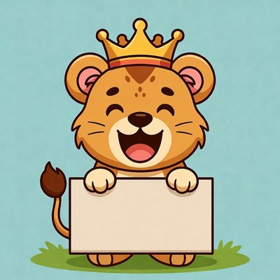 Cartoon lion cub holding blank sign