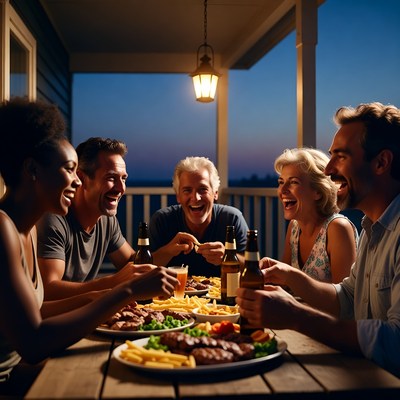 Diverse group laughing at porch dinner
