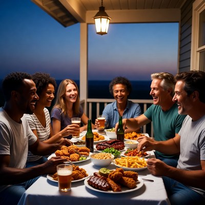 Diverse group enjoying barbecue on porch