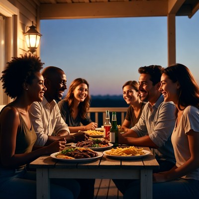 Diverse group dining on porch at dusk