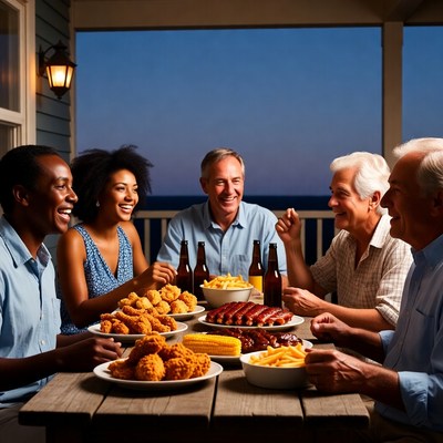 Multigenerational family enjoying BBQ dinner on porch