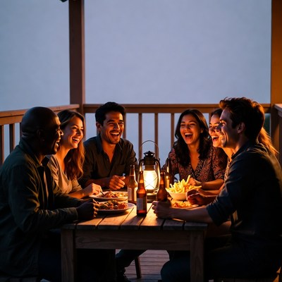 Diverse group laughing on porch at dusk