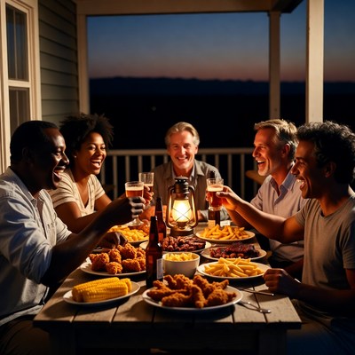 Diverse group toasting beers on porch
