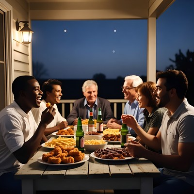 Diverse group eating on porch at night