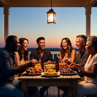 Diverse family enjoying dinner on porch