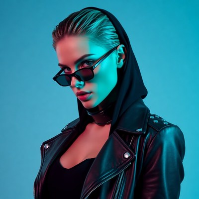 Woman in leather jacket with sunglasses