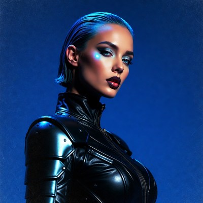 Woman in Blue Neon Cyberpunk Leather Suit