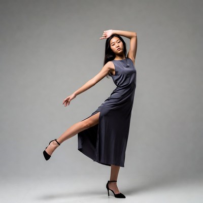 Asian woman dancing in gray dress