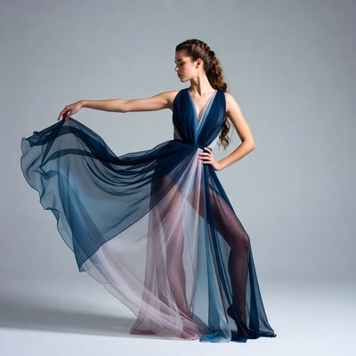 Woman in flowing navy dress posing