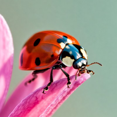Ladybug on pink flower petal